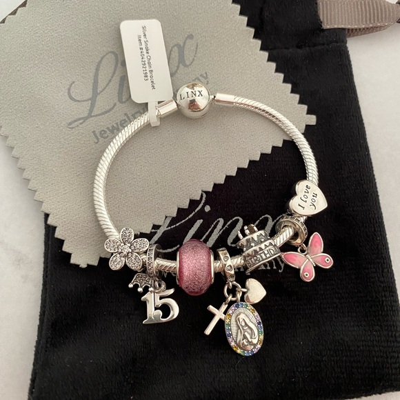 Linx Snake Chain Bracelet with Pink 15th Birthday Quinceanera Themed Charms